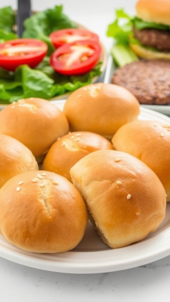 Freshly baked sourdough discard hamburger buns on a plate, with sesame seeds on top, surrounded by burger ingredients.